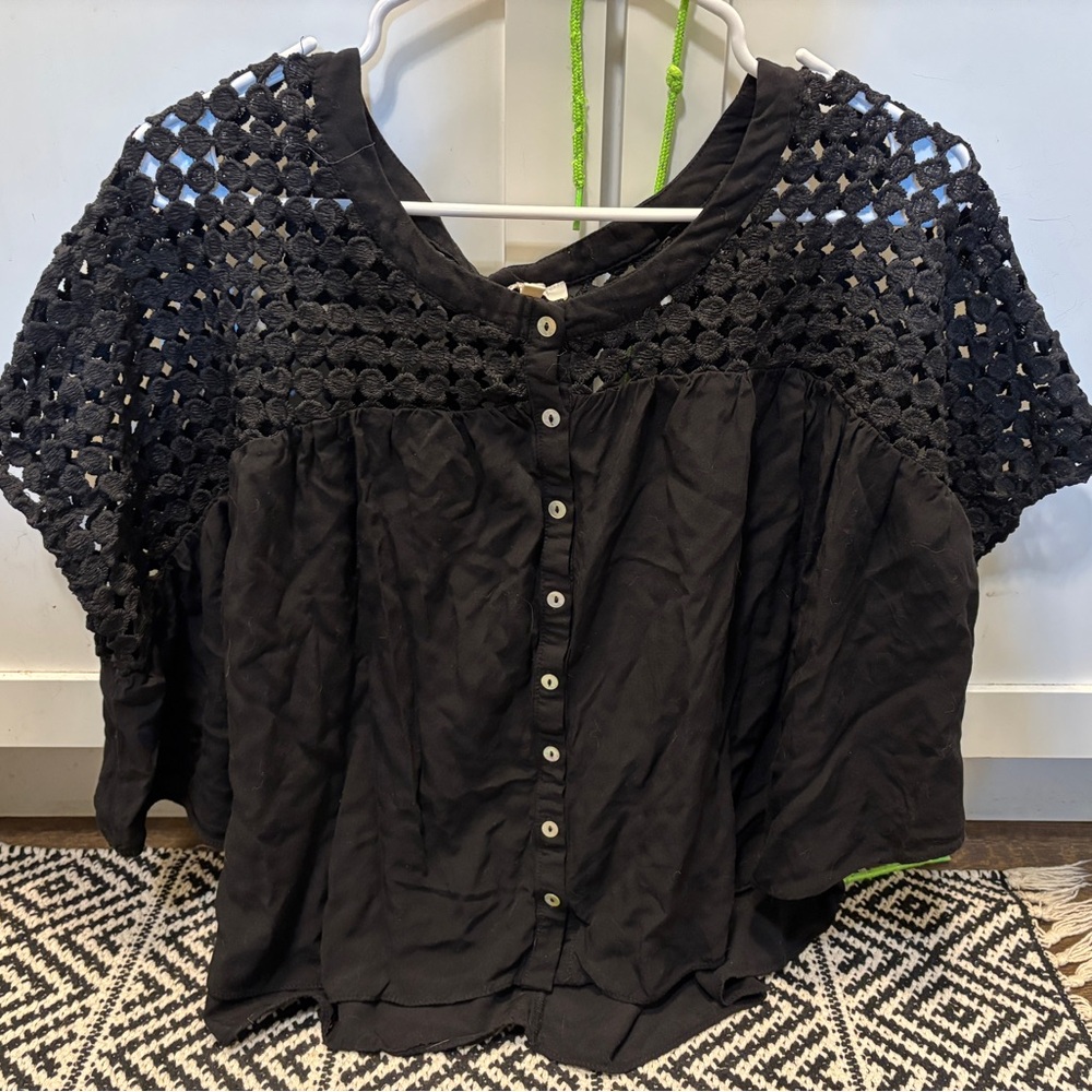Chic Black Crochet Button-Up Blouse